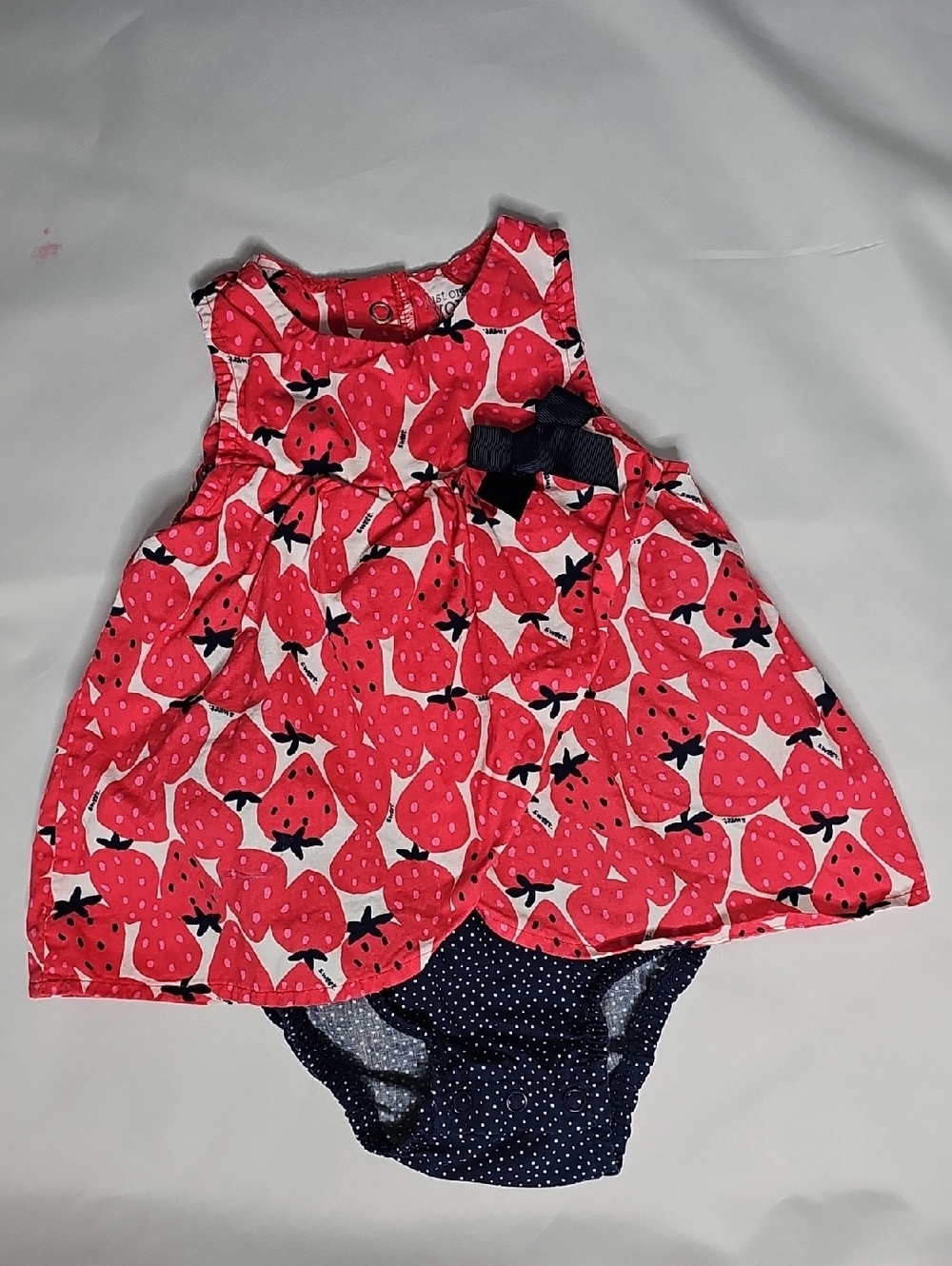 Carter's Pink Strawberry Print Diaper Cover Outfit with Navy Bow